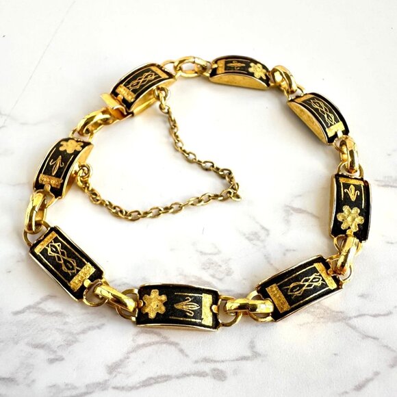 Vintage Damascene Bracelet, Black and Gold Link, 6.5 Inch Dainty Spanish Jewelry - Picture 1 of 5